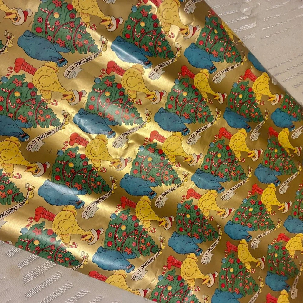 Vintage Sesame Street Christmas Wrapping Paper 24ft Gold Big Bird Cookie Monster